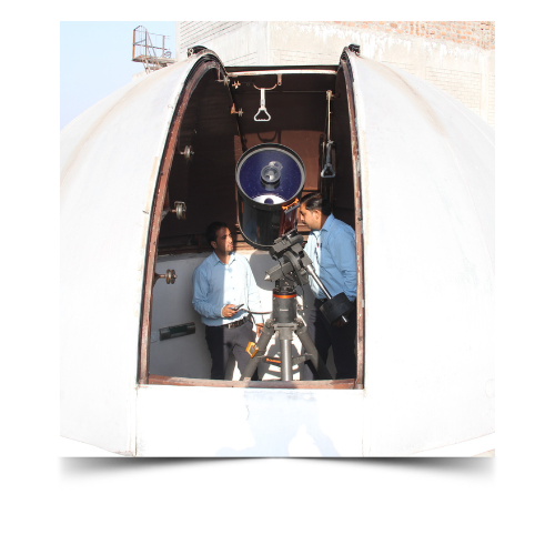 14 inch Celestron Telescope with computerized and automatic tracking facilities is mounted at the top of our building to study the space.